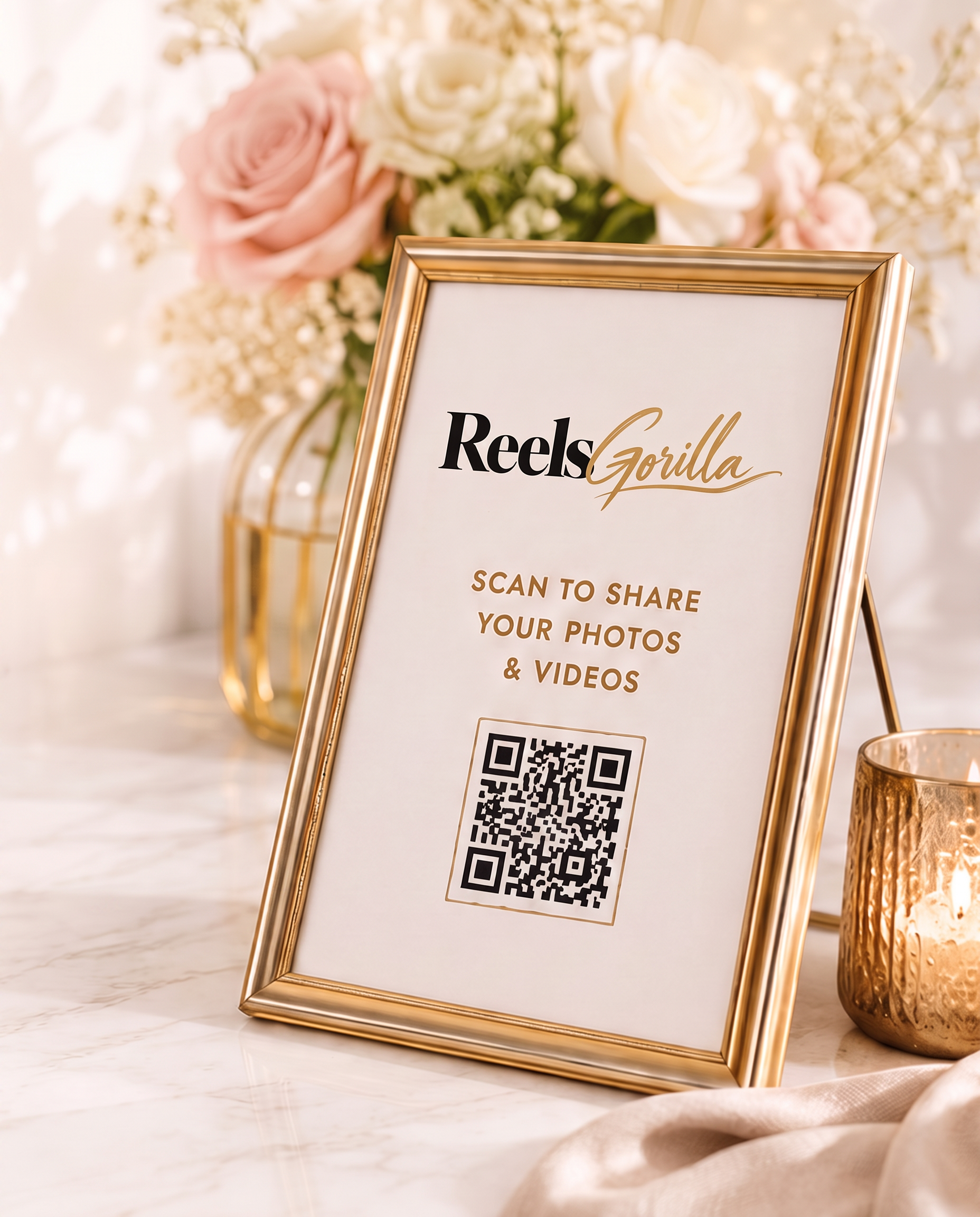 An ivory table setting with flowers, a candle and a gold-framed QR card for guests to upload photos
